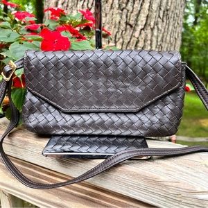 Chocolate Stefano Bravo Intrecciato Clutch Crossbody Bag Italian leather, 8x5x1